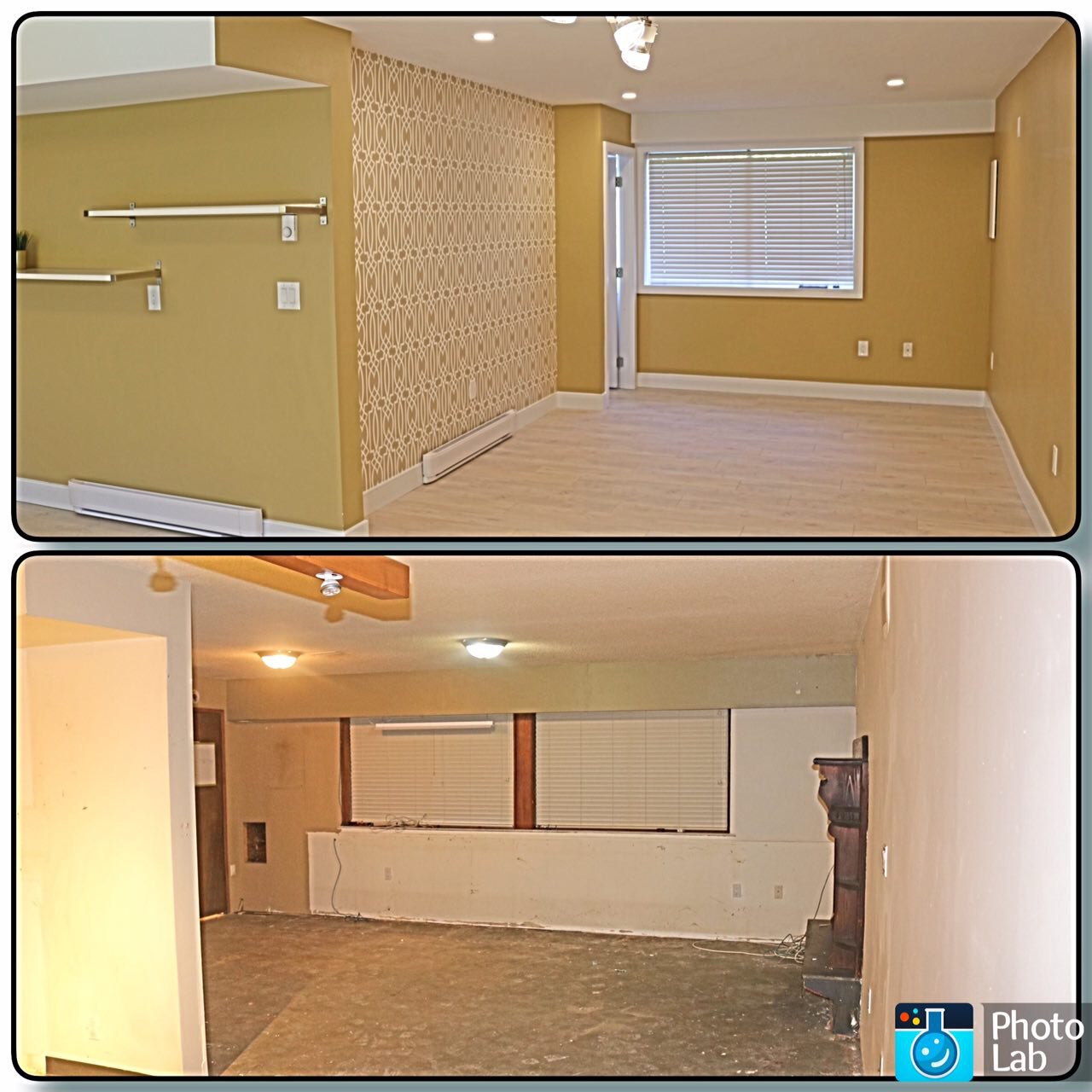 Living space rehab comparison — before and after rehab